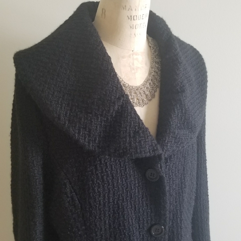 Black knee length overcoat with oversized statement shawl collar